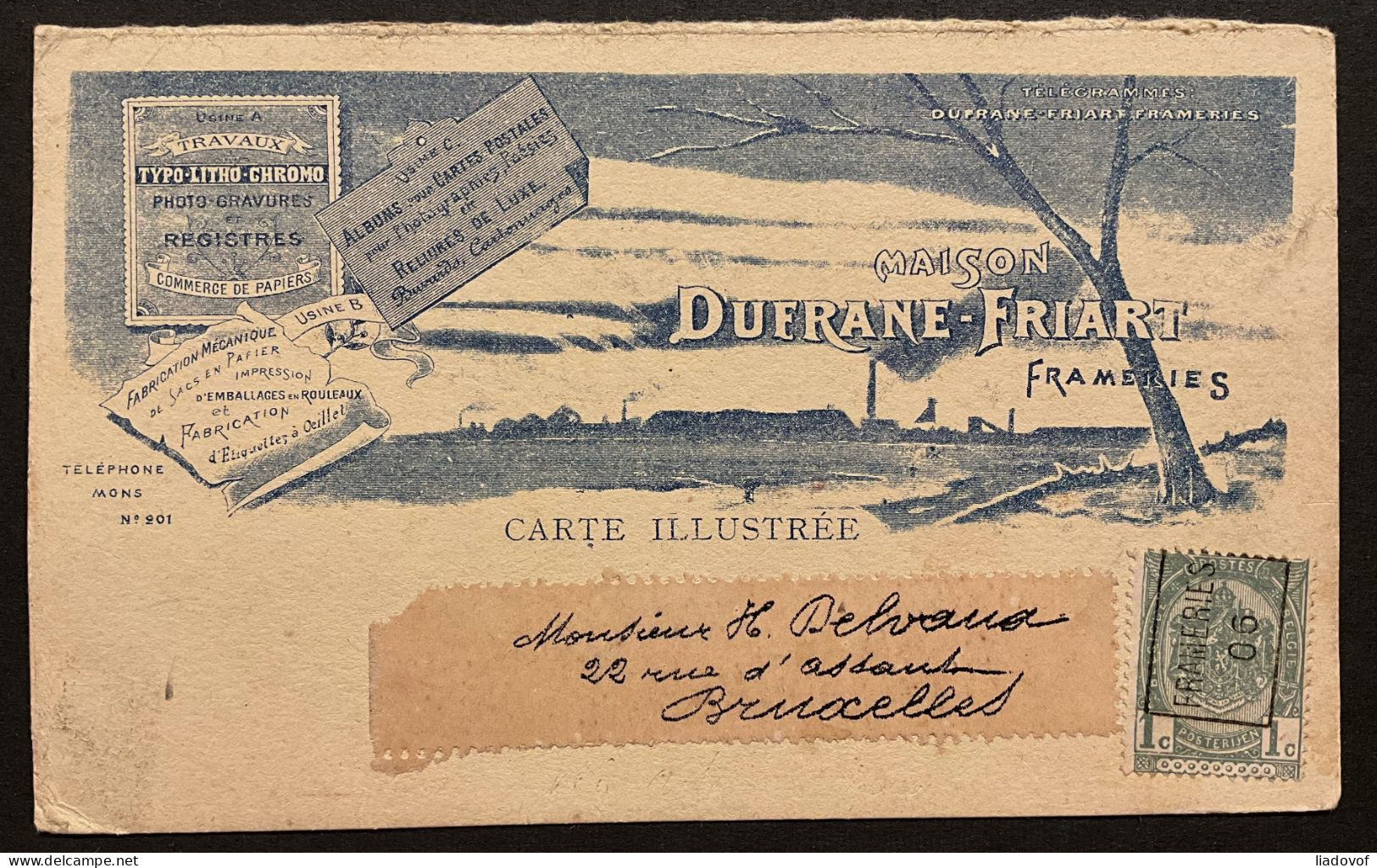 PRE 767A Frameries 06 Sur Carte Illustrée Publicitaire "Maison Dufrane Friart - Frameries" - Roller Precancels 1900-09