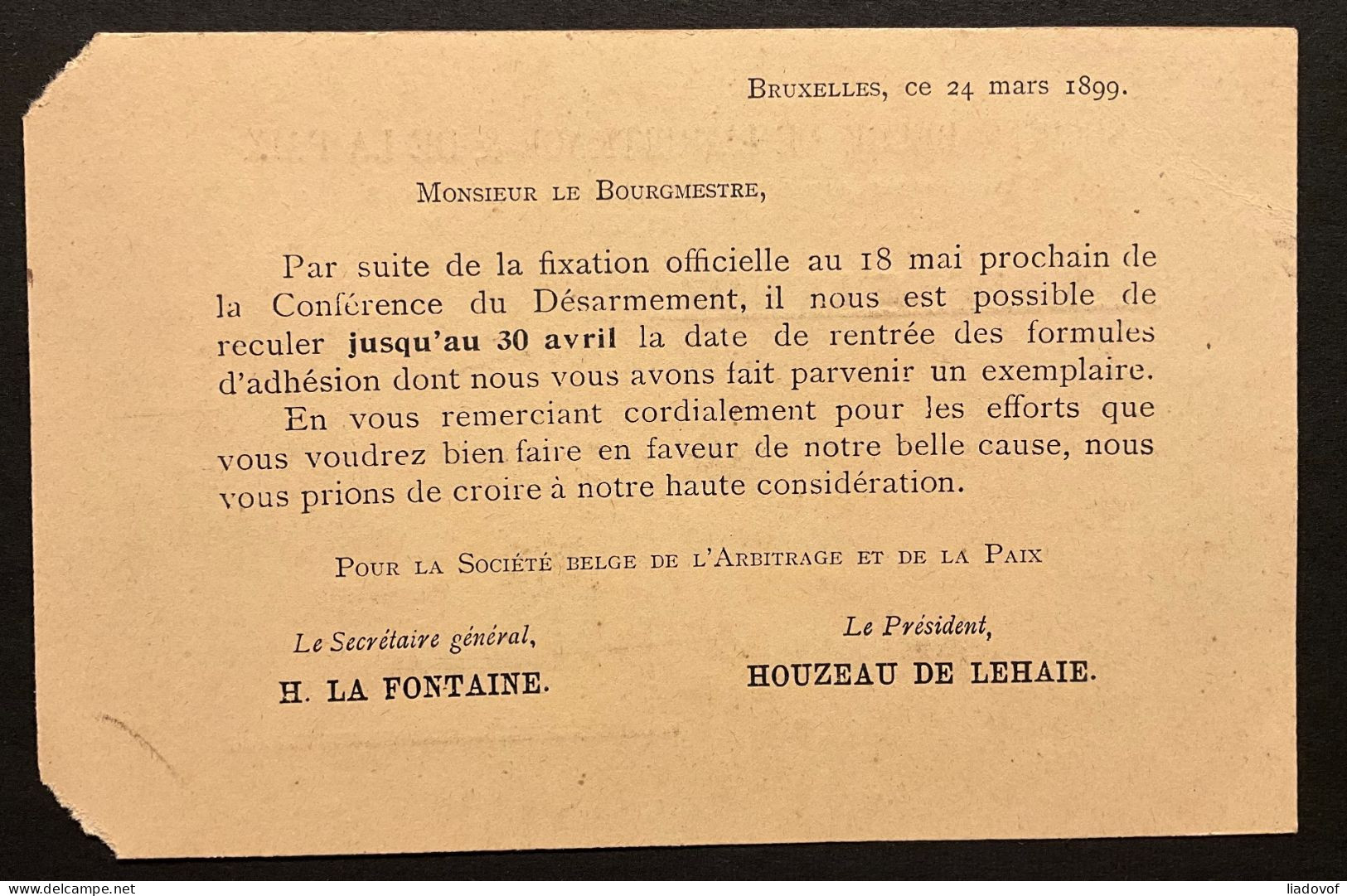 PRE 209A Bruxelles 06 Sur Carte "Société Belge De L'arbitrage & De La Paix" - Rollo De Sellos 1894-99