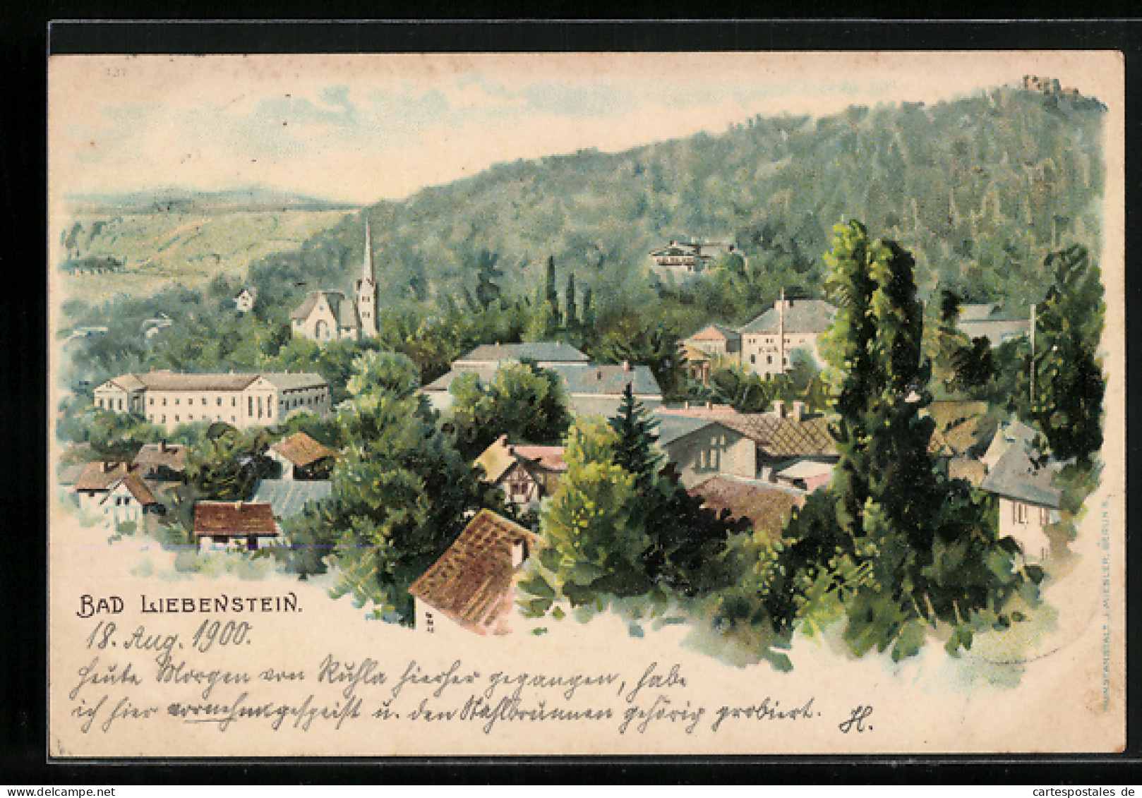 Lithographie Bad Liebenstein, Blick über Die Dächer Der Gemeinde Auf Die Kirche  - Bad Liebenstein