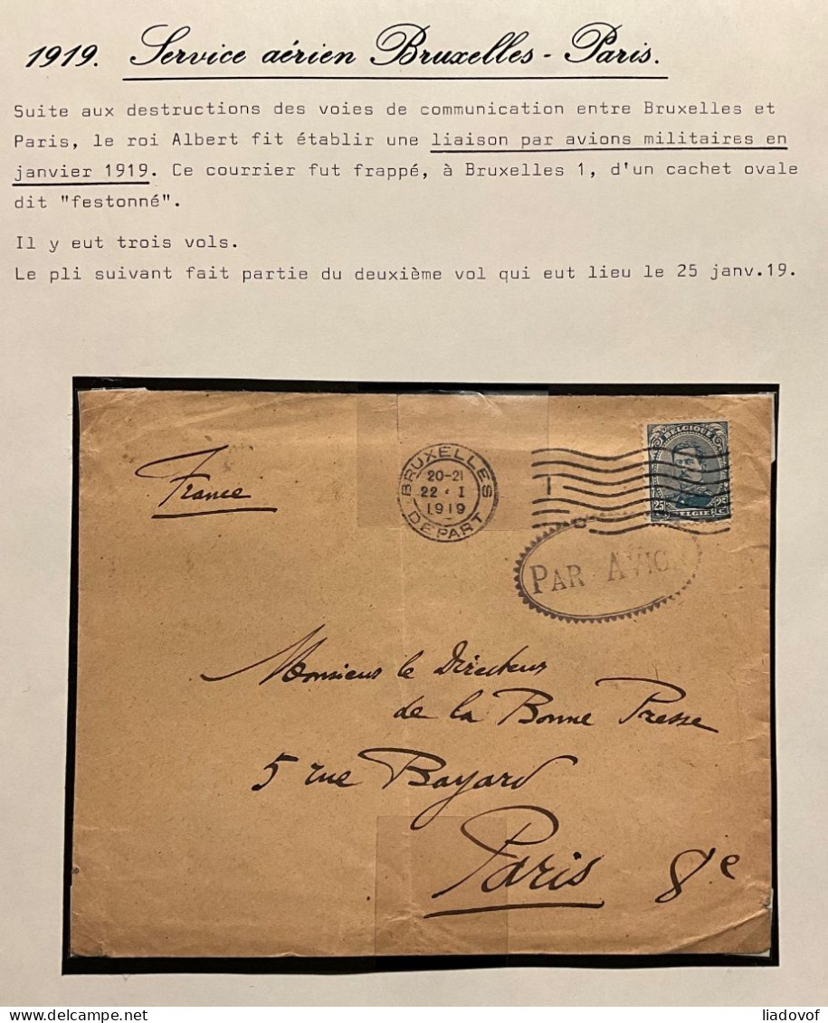 Service Postal Aérien PARIS – BRUXELLES Janvier 1919 - Griffe Festonnée PAR AVION Sur Albert I 25c - 1915-1920 Alberto I