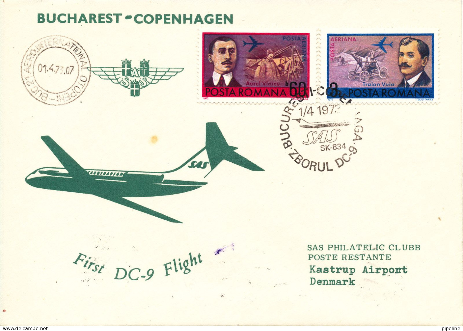 Romania First SAS DC-9 Flight Bucharest - Copenhagen 1-4-1973 - Storia Postale