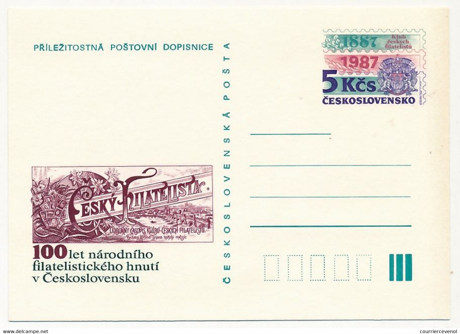 TCHECOSLOVAQUIE - Carte Postale (entier Postal) - 100eme Anniversaire Cesky Philatelista 1987 - Postcards