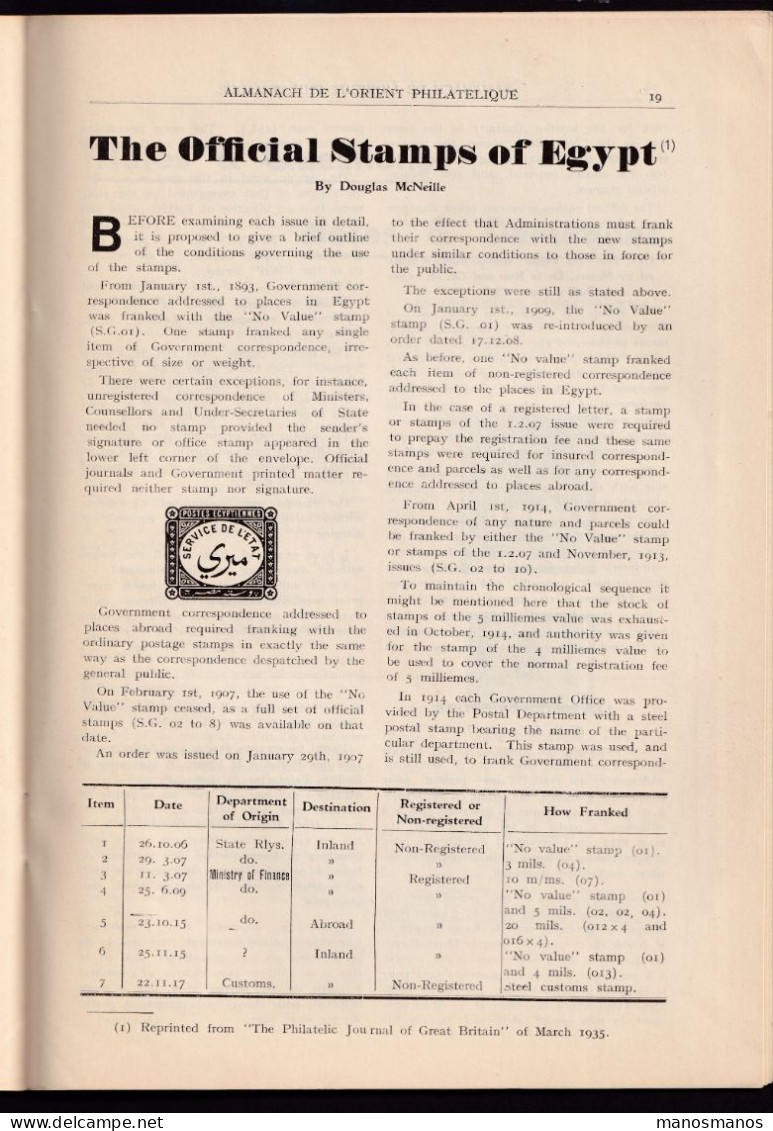 DDEE 924 -- EGYPT Magazine L' Orient Philatélique , Almanach , January 1936 , 40 Pages - Original Edition - Francés
