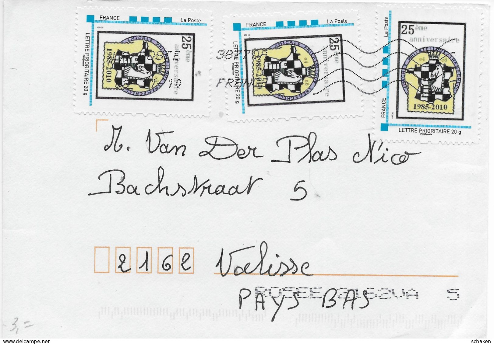 France Echecs 2010; 3 Timbres Envoyé Philemat - Storia Postale