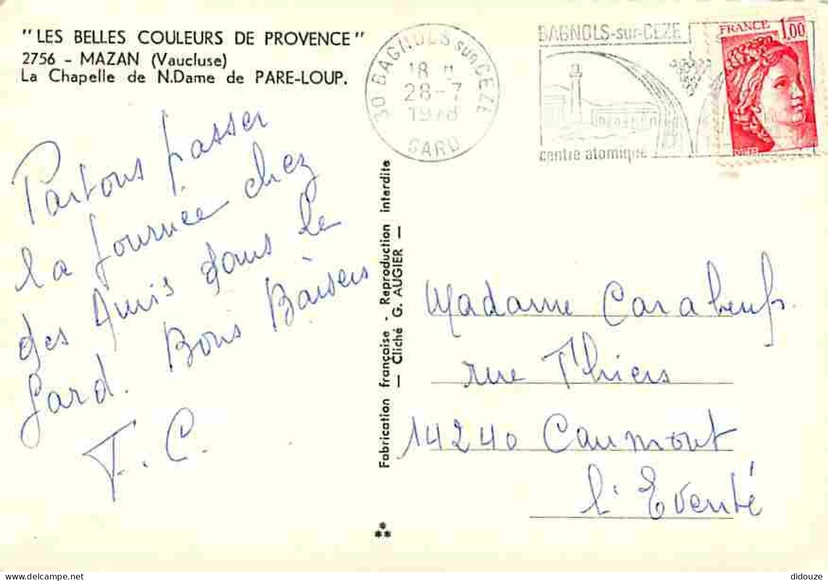 84 - Mazan - La Chapelle De Notre Dame De Pare Loup - Flamme Postale - CPM - Voir Scans Recto-Verso - Mazan