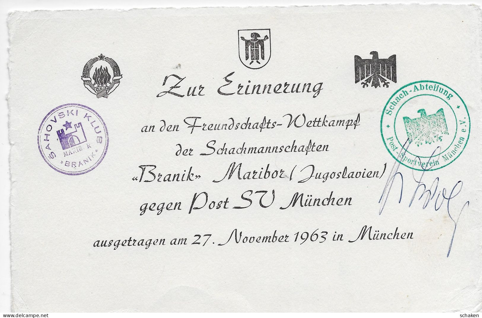 BDR 1963 Schach Branik Maribor Post SV München Mit Unterschrift - Autres & Non Classés