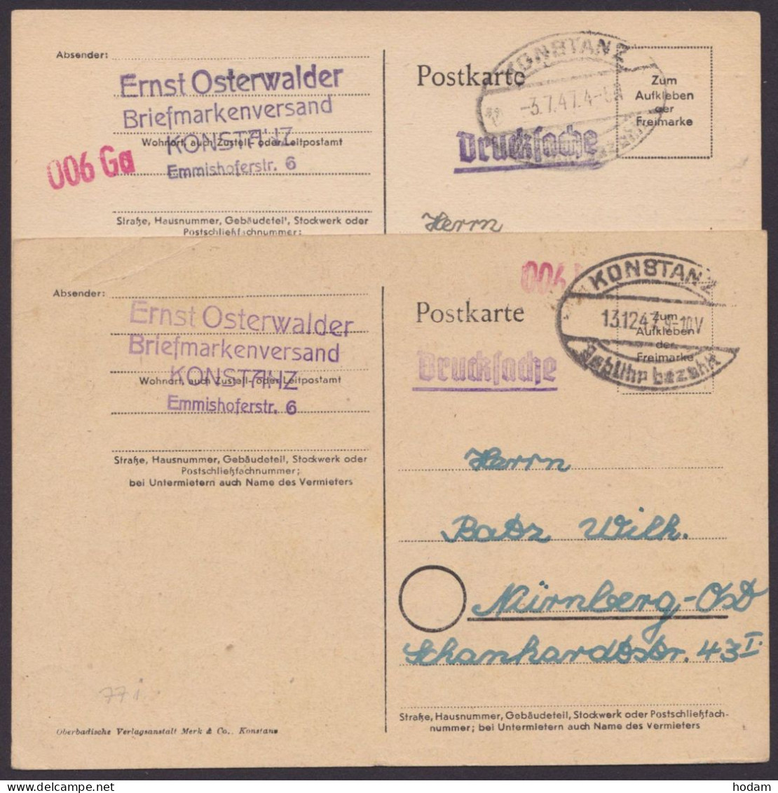 Konstanz: 2 Karten, Je Oval "Gebühr Bezahlt", Roter L1 "006", Versch. Zudrucke "Osterwalder", 1947 - Cartas & Documentos