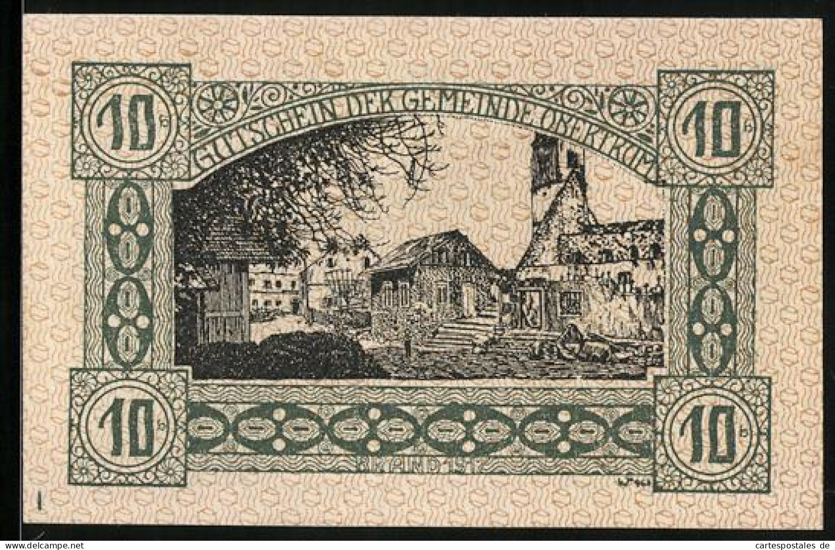 Notgeld Obertrum 1920, 10 Heller, Bauernpaar, Gebäude, Ortspartie  - Oesterreich