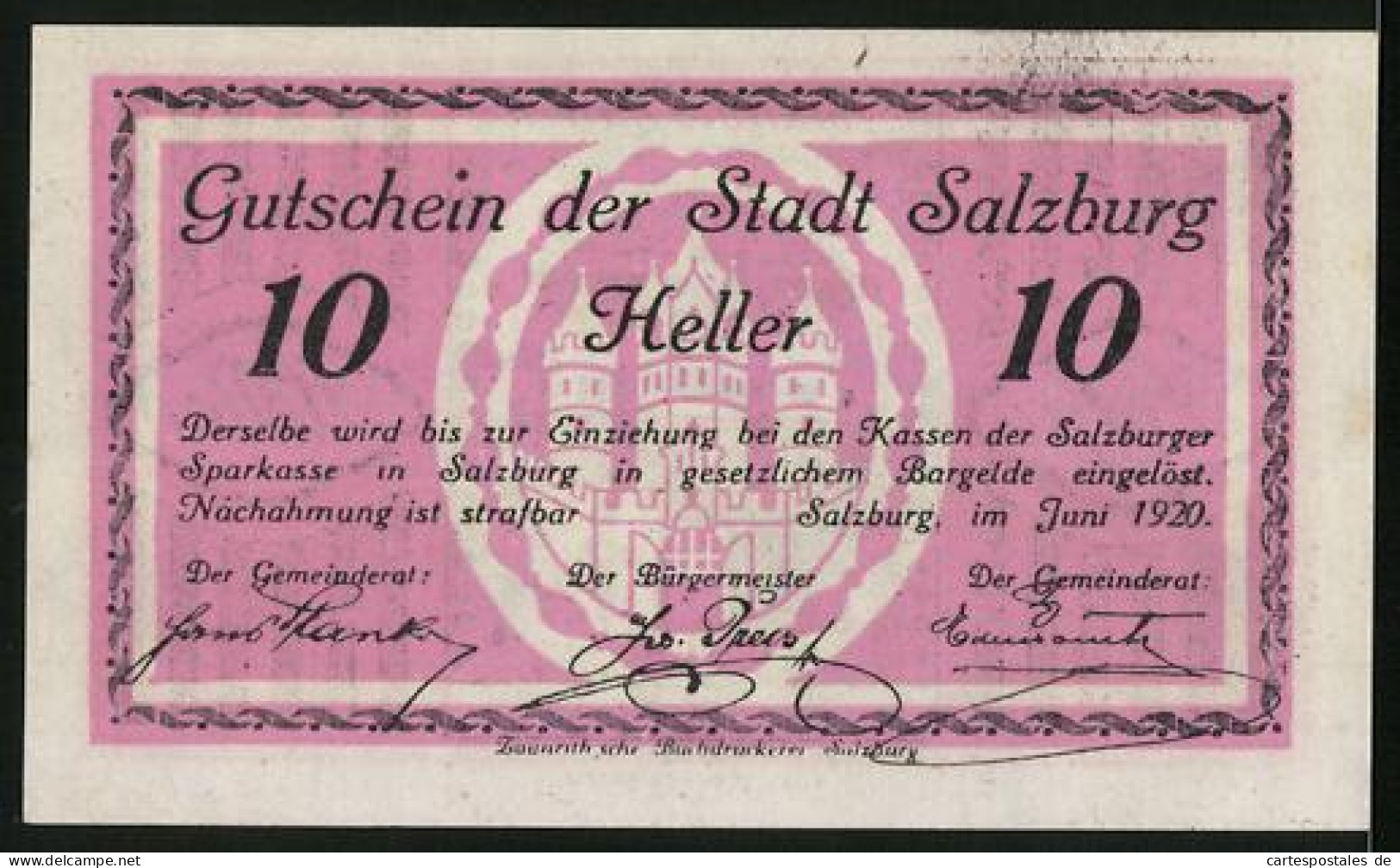 Notgeld Salzburg 1920, 10 Heller, Linzertor, Burg  - Autriche