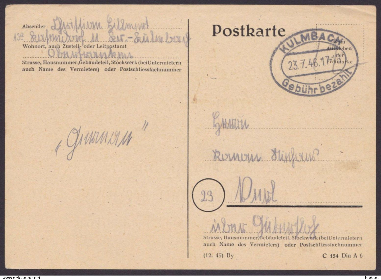 Kulmbach: Oval "Gebühr Bezahlt", O, Handschr. "12", 23.7.46, Bedarf - Lettres & Documents