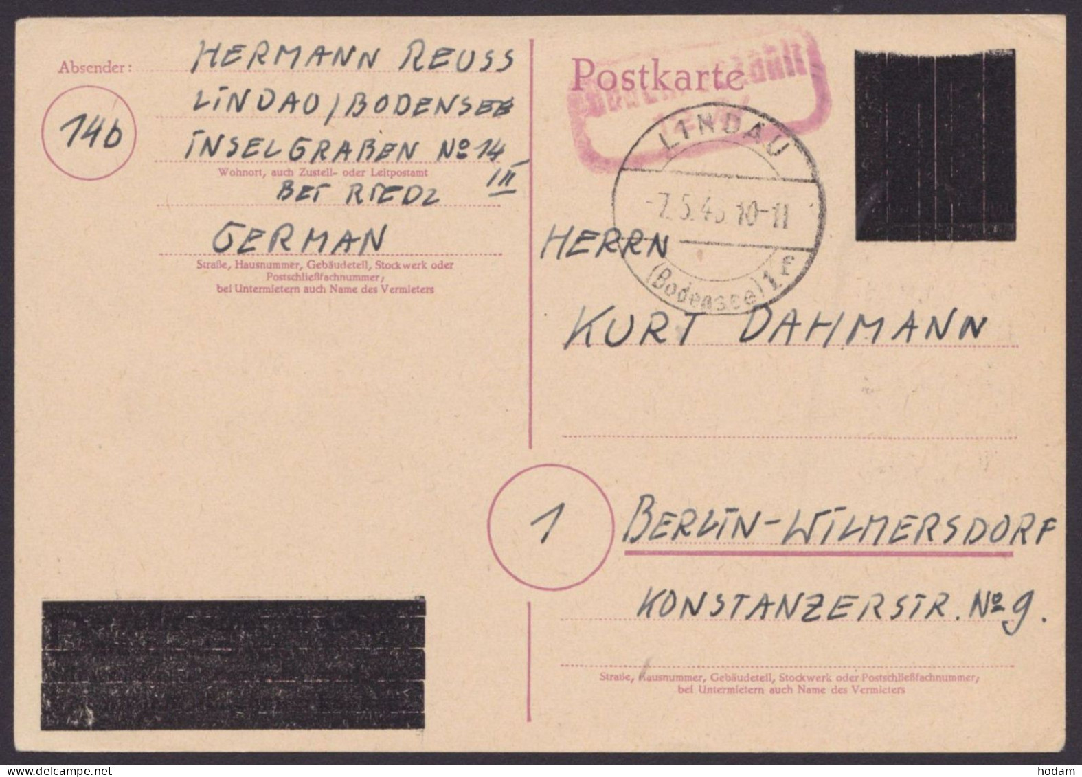 Lindau: DR P314 II, Schwarz überdruckt, Ra "Gebühr Bezahlt, 12 Rpf.", O, 7.5.46, Bedarf - Storia Postale