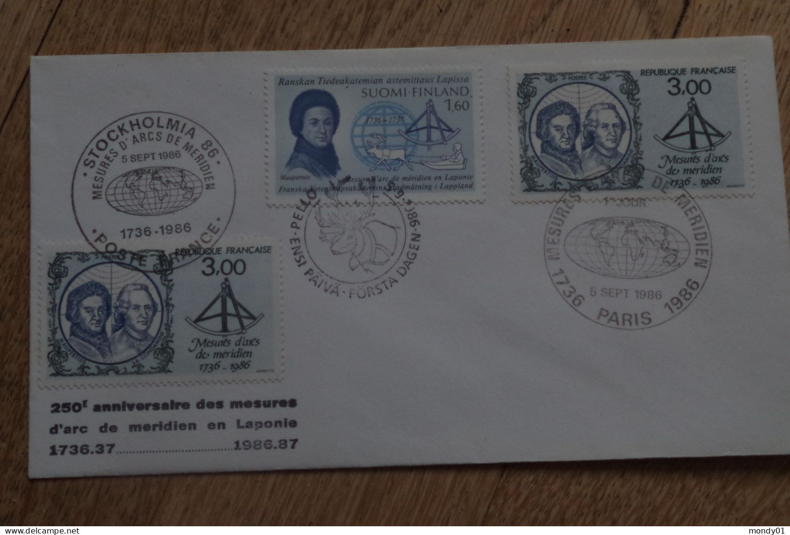 7-173 Maupertuis Condamine Laponie Poste France Pello Paris France Arc Méridien Mètre Mesure Trigonométrie FDC 1986 TAAF - Joint Issues