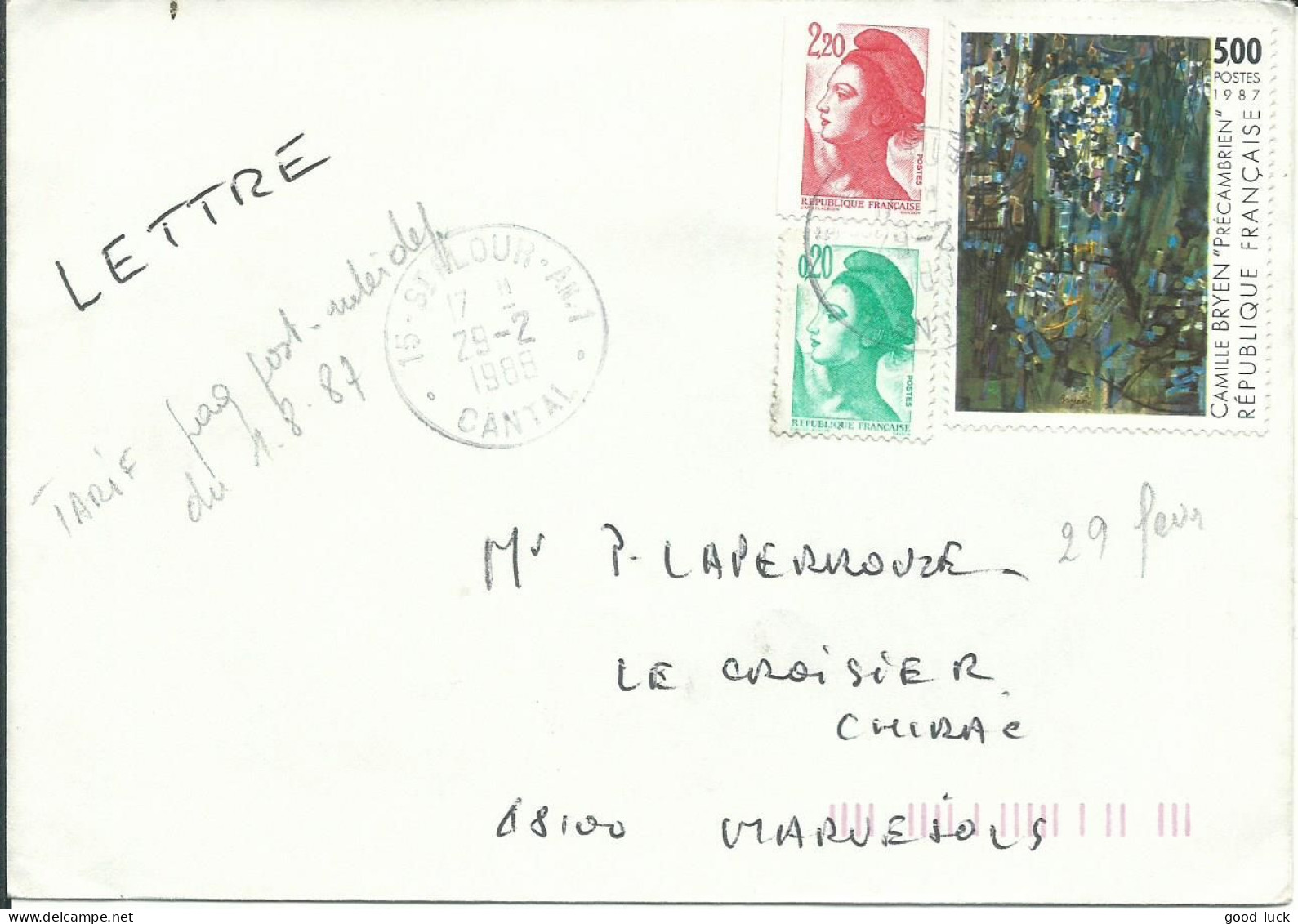 FRANCE LETTRE 7F40 ST FLOUR ( CANTAL ) POUR CHIRAC ( LOZERE ) DE 1988 LETTRE COVER - Briefe U. Dokumente