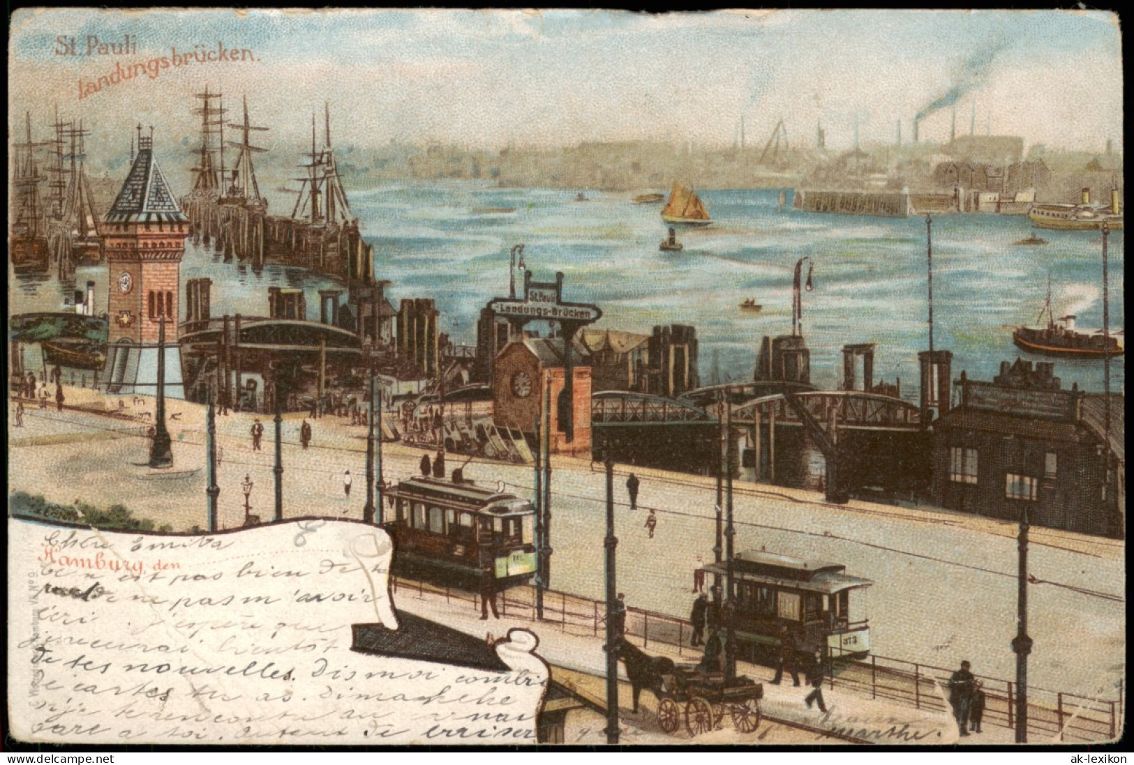 Altona-Hamburg Hafen Landungsbrücken Partie, Künstlerkarte 1900 - Altona