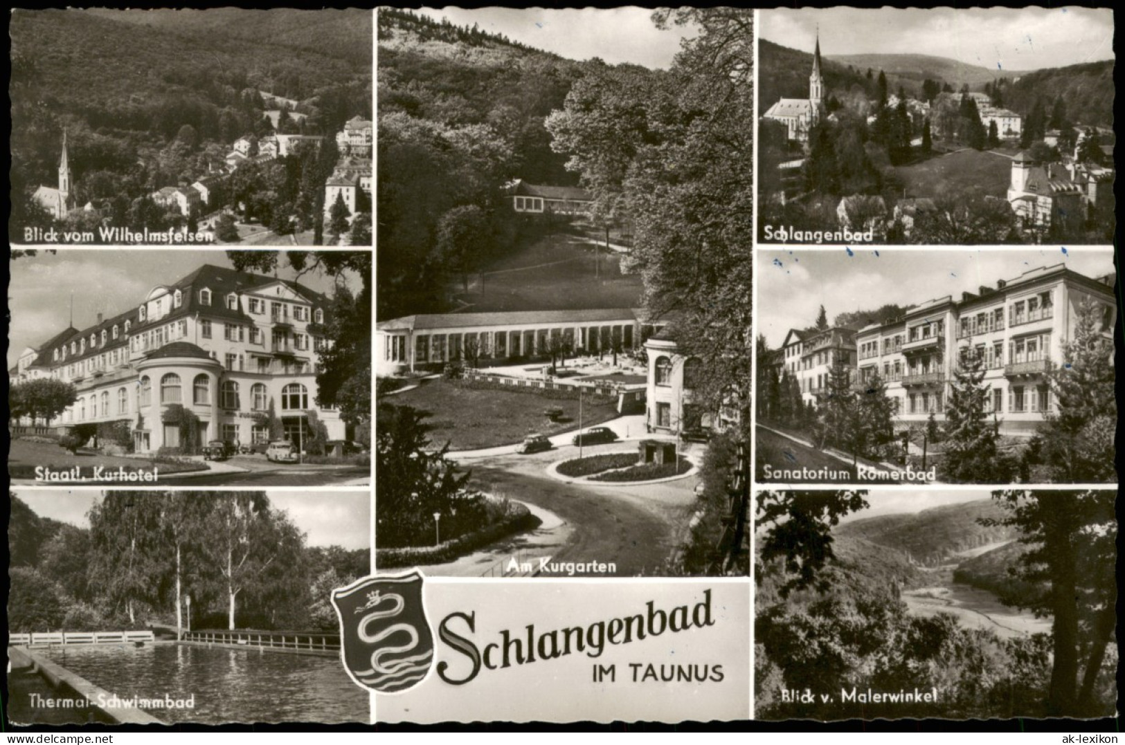 Schlangenbad Stadtansichten: Römerbad, Kurhotel, Wilhelmsfelsen 1965 - Schlangenbad