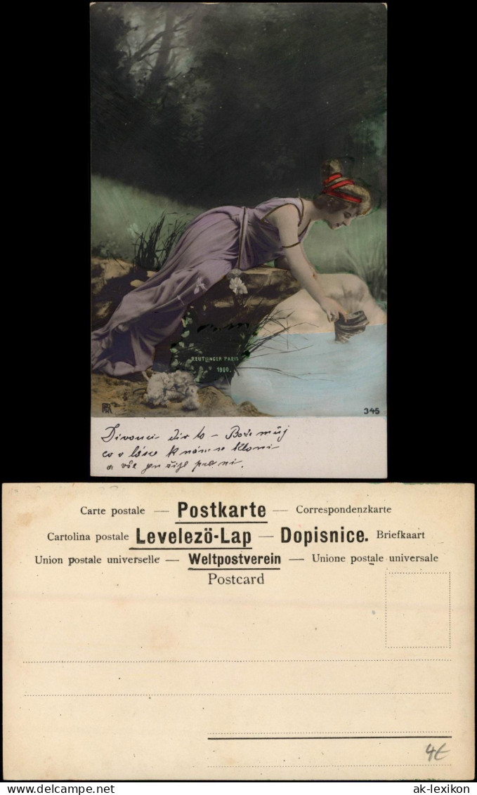 Frühe Fotokunst Fotomontage Frau Mädchen Posiert Am Teich 1900 - Unclassified