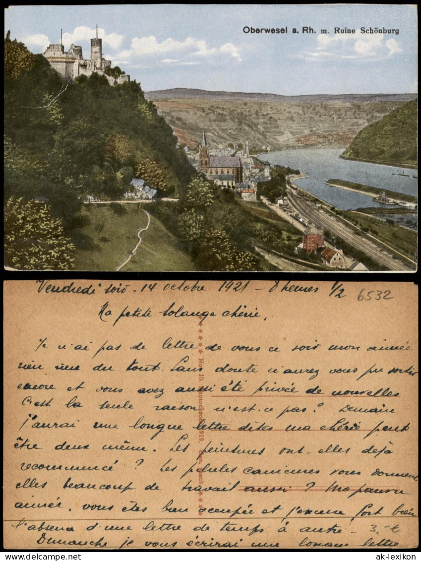 Oberwesel Panorama-Ansicht, Rhein Partie M. Ruine Schönburg 1921 - Oberwesel