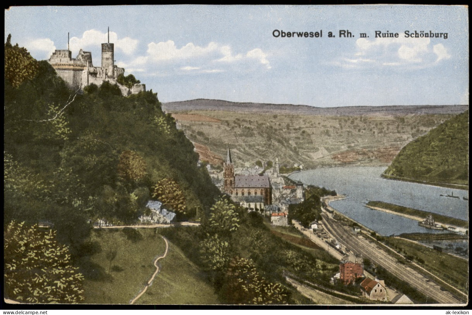 Oberwesel Panorama-Ansicht, Rhein Partie M. Ruine Schönburg 1921 - Oberwesel