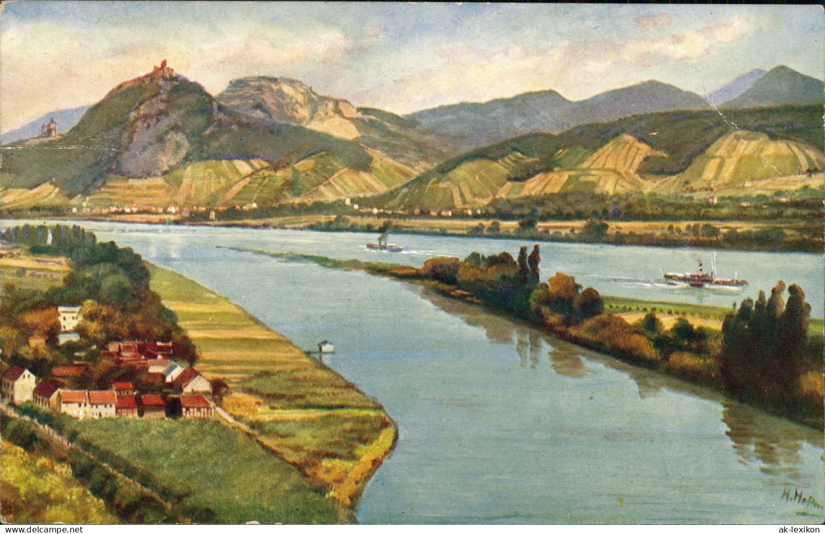 Königswinter Drachenfels Und Insel Nonnenwert. Künstlerkarte 1920 - Koenigswinter