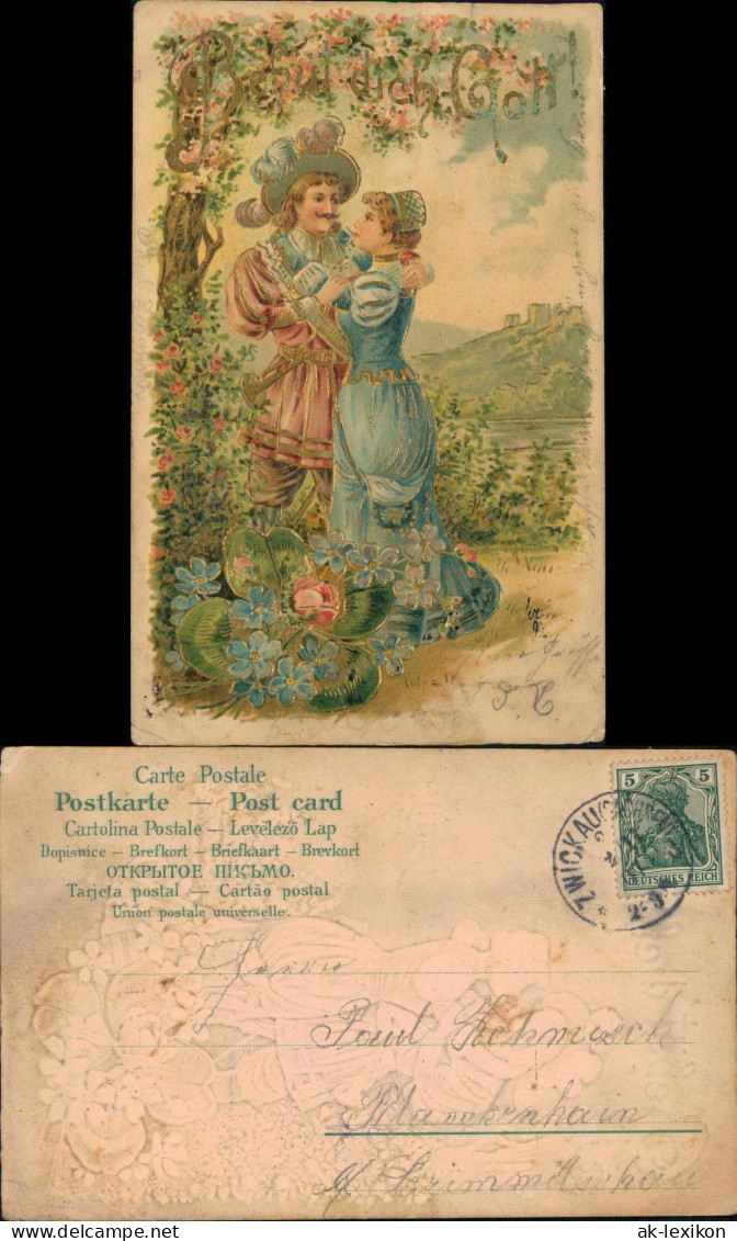 Künstlerkarte "Behüt Dich Gott", Liebespaar 1907 Goldrand/Prägekarte - Malerei & Gemälde