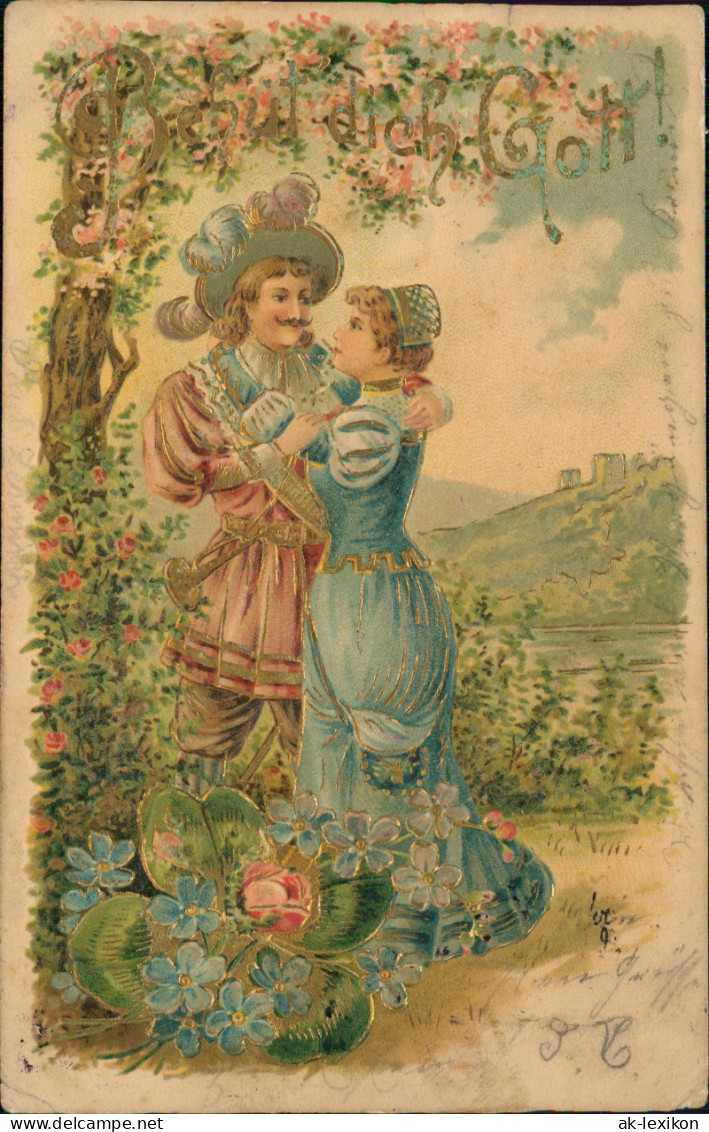 Künstlerkarte "Behüt Dich Gott", Liebespaar 1907 Goldrand/Prägekarte - Malerei & Gemälde