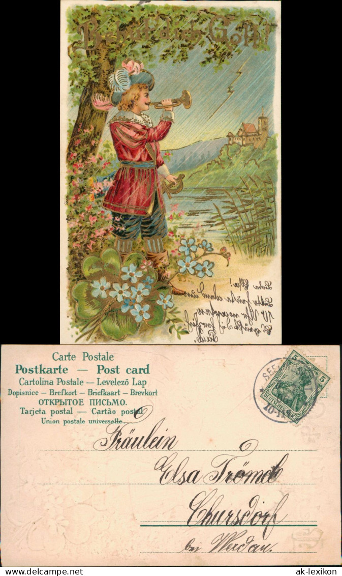 Künstlerkarte Serie "Behüt Dich Gott", Trompeter 1906 Goldrand/Prägekarte - Malerei & Gemälde