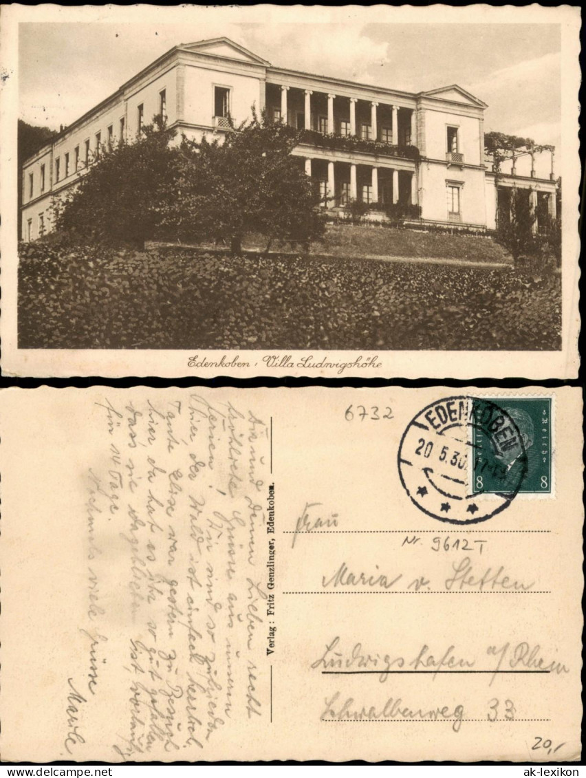 Ansichtskarte Edenkoben Ortsansicht Villa Ludwigshöhe 1930  Stempel EDENKOBEN - Edenkoben