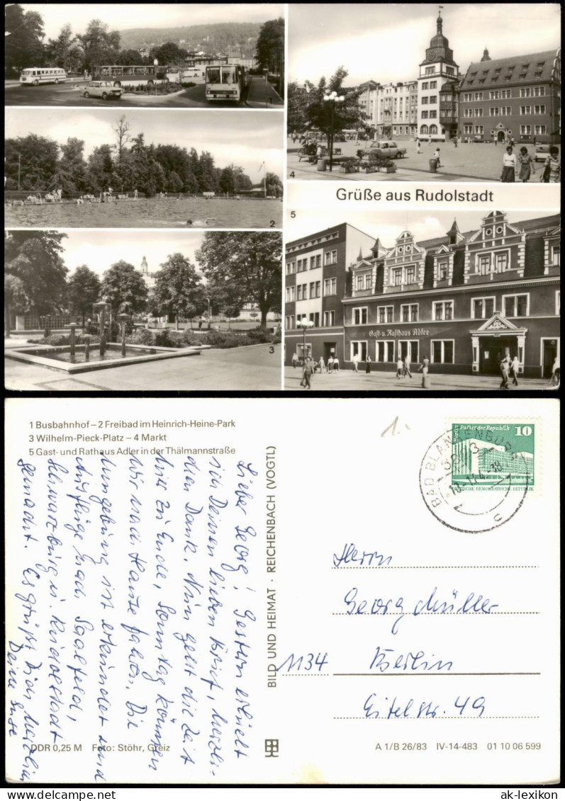 Ansichtskarte Rudolstadt Busbahnhof, Freibad, Pieck-Platz Mehrbild 1983 - Rudolstadt