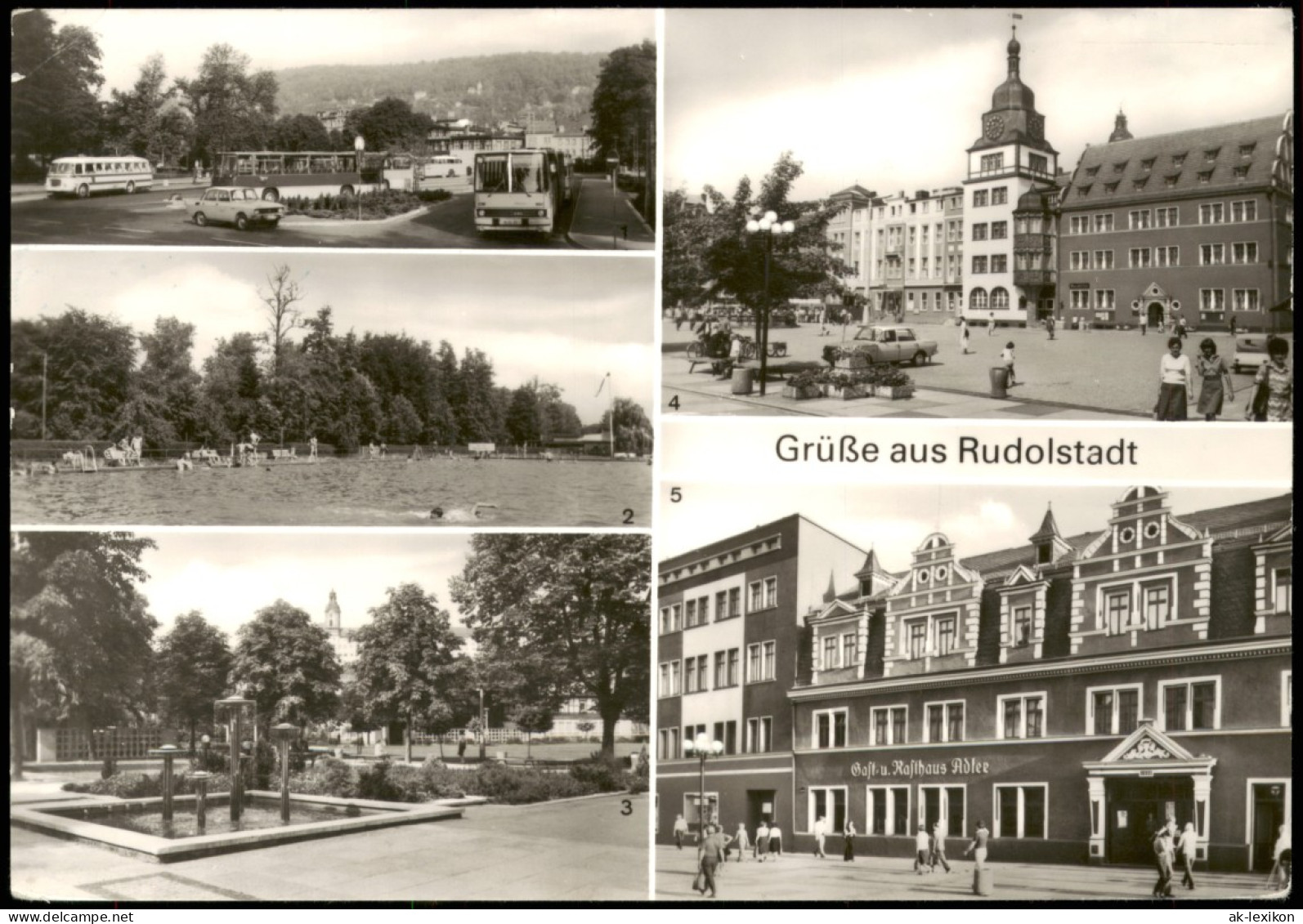 Ansichtskarte Rudolstadt Busbahnhof, Freibad, Pieck-Platz Mehrbild 1983 - Rudolstadt