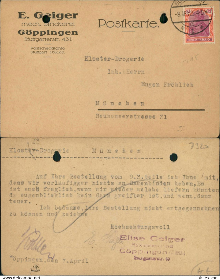 Ansichtskarte Göppingen E. Geiger Mech. Srickerei Stuttgarterstr. 431. 1922 - Goeppingen