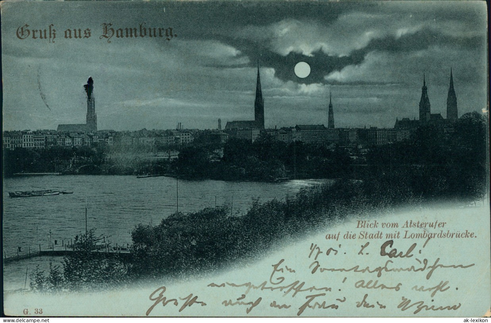 Ansichtskarte Hamburg Lombardsbrücke Bei Mondschein 1901 - Autres & Non Classés
