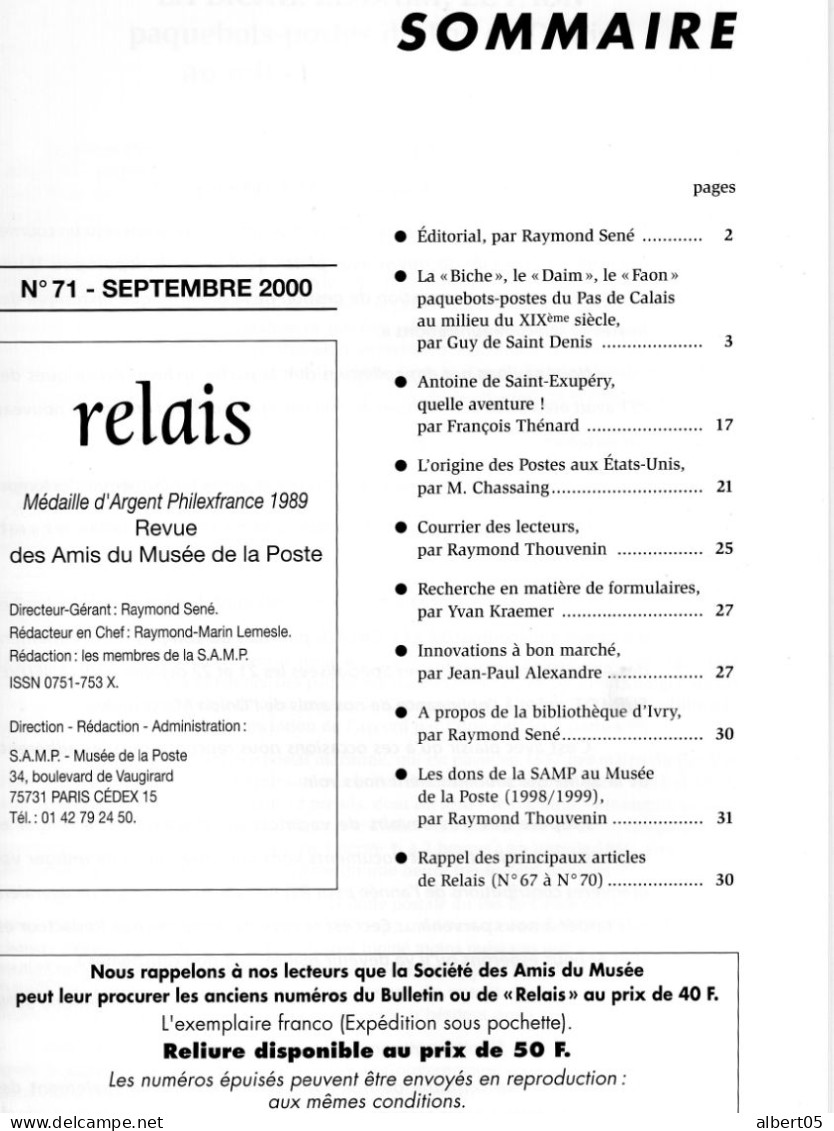 Relais N° 71 - Septembre  2000- Revue Des Amis De La Poste - Avec Sommaire - Aéropostale - Saint Exupéry................ - Filatelie En Postgeschiedenis