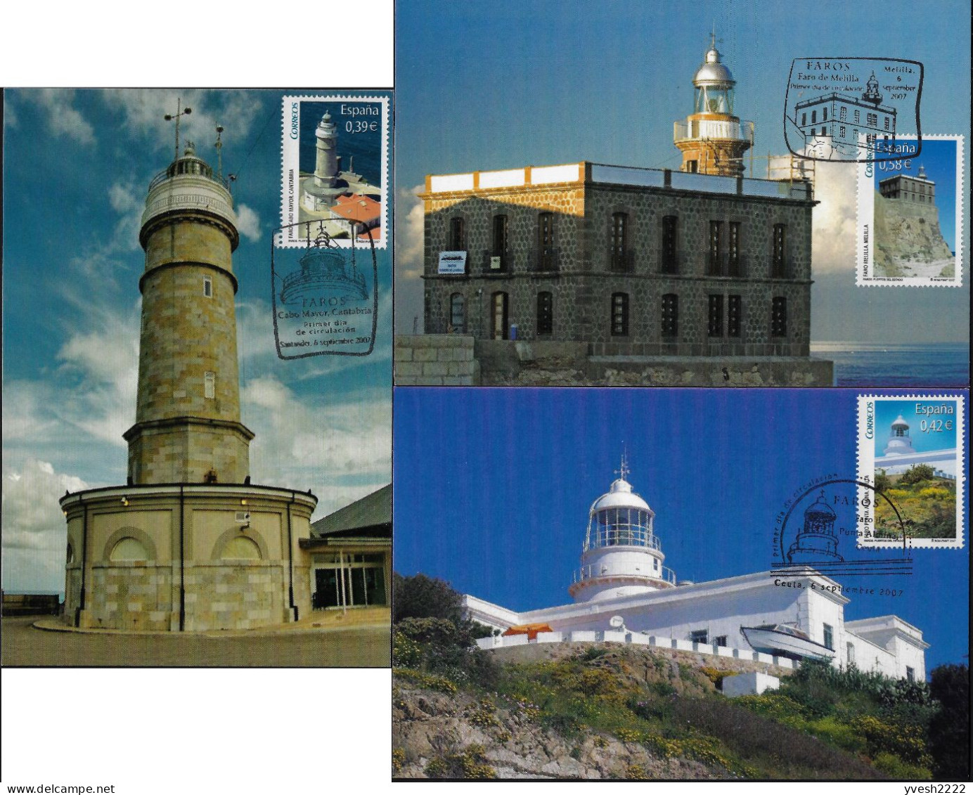 Espagne 2007 Y&T 3954 à 3956. 3 Cartes Maxima. Phares - Lighthouses