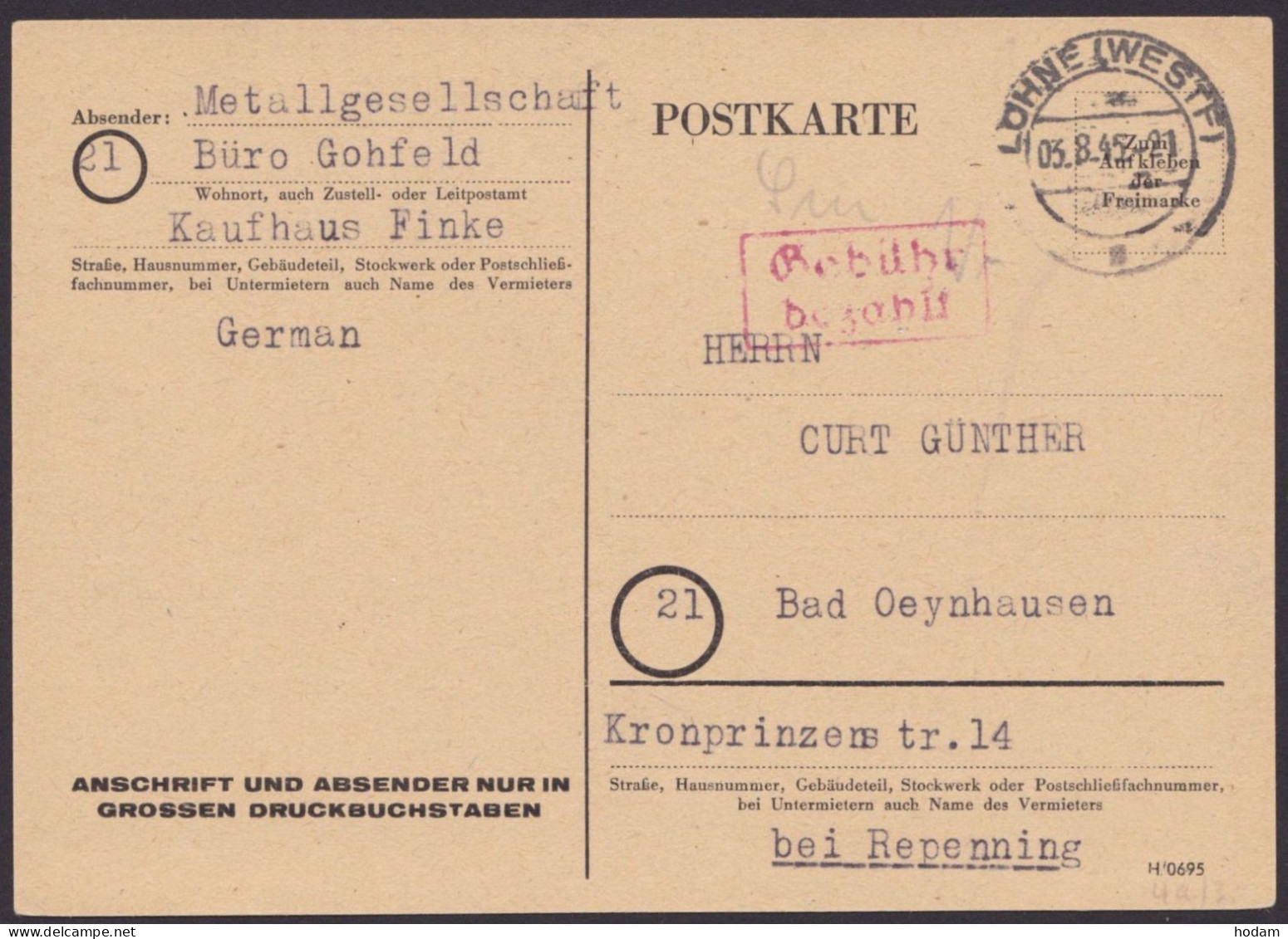 Lohne: Bedarf, O, Ra "Gebühr Bezahlt", 3.8.45 - Lettres & Documents