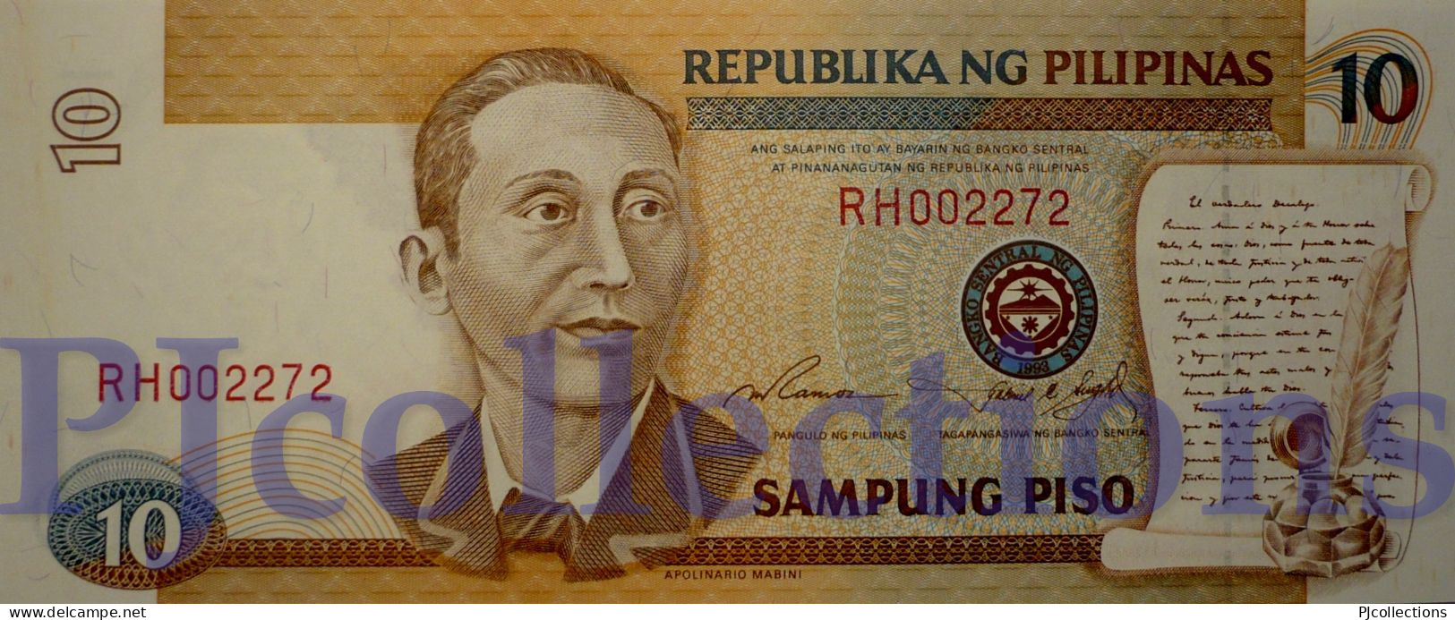 PHILIPPINES 10 PISO 1995/97 PICK 181a UNC LOW SERIAL NUMBER "RH002272 - Filipinas