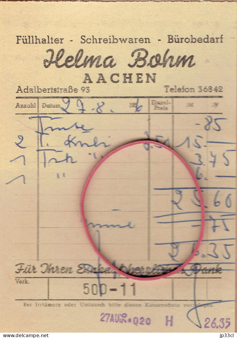 Alte Rechnung Von Helma Bohn, Füllhalter - Schreibwaren -Bürobedarf (Aachen) Jahr 1956 - 1950 - ...