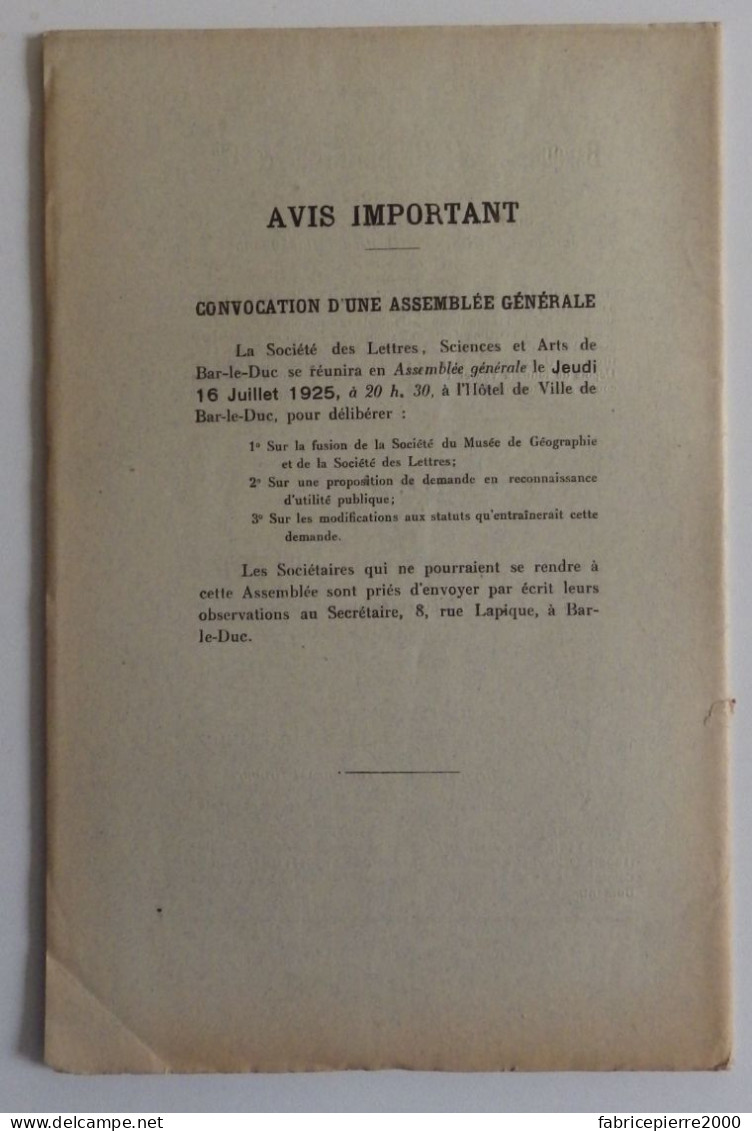 BULLETIN DE LA SOCIETE DES LETTRES SCIENCES ET ARTS DE BAR-LE-DUC 1924 N°4-6 TBE Meuse Nettancourt - Lorraine - Vosges
