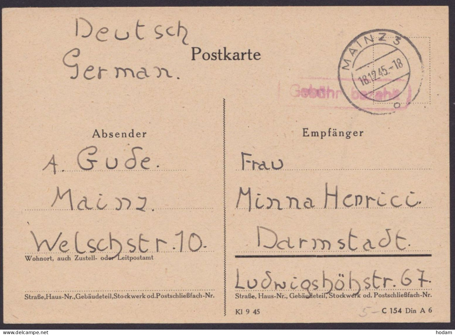 Mainz: Bedarfskarte, Ra "Gebühr Bezahlt", 18.12.45 - Storia Postale