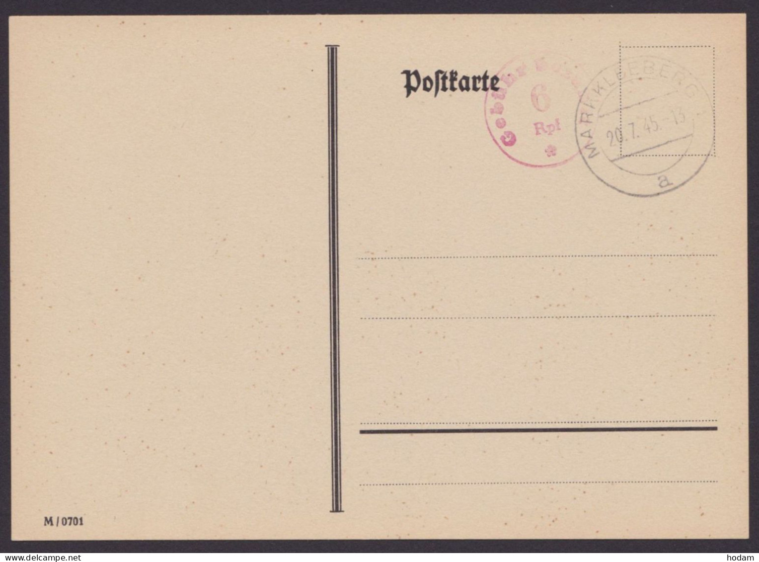 Markleeberg: Roter K1 "Gebühr Bezahlt, 6 Rpf", Stempel 20.7.45, Blanko - Briefe U. Dokumente