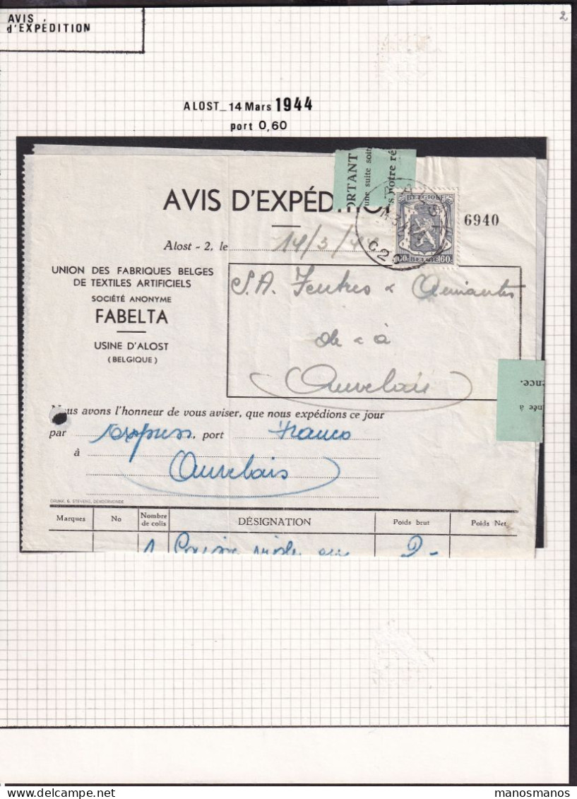 DDFF 897 -- Collection Petit Sceau De L' Etat - AVIS D' EXPEDITION (Tarif Spécial) AALST 1944 Vers AUVELAIS - 1935-1949 Small Seal Of The State