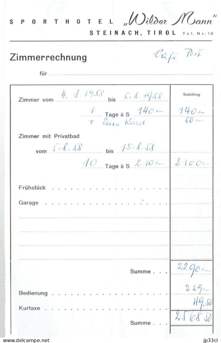 Alte Rechnung Vom Sporthotel "Wilder Mann" (Steinach / Tirol) Jahr 1958 - 1950 - ...