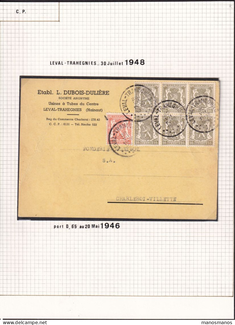 DDFF 898 -- Collection Petit Sceau De L' Etat - Carte Privée 65 C., Dont Bloc De 6, LEVAL-TRAHEGNIES 1946 Vers Charleroi - 1935-1949 Kleines Staatssiegel