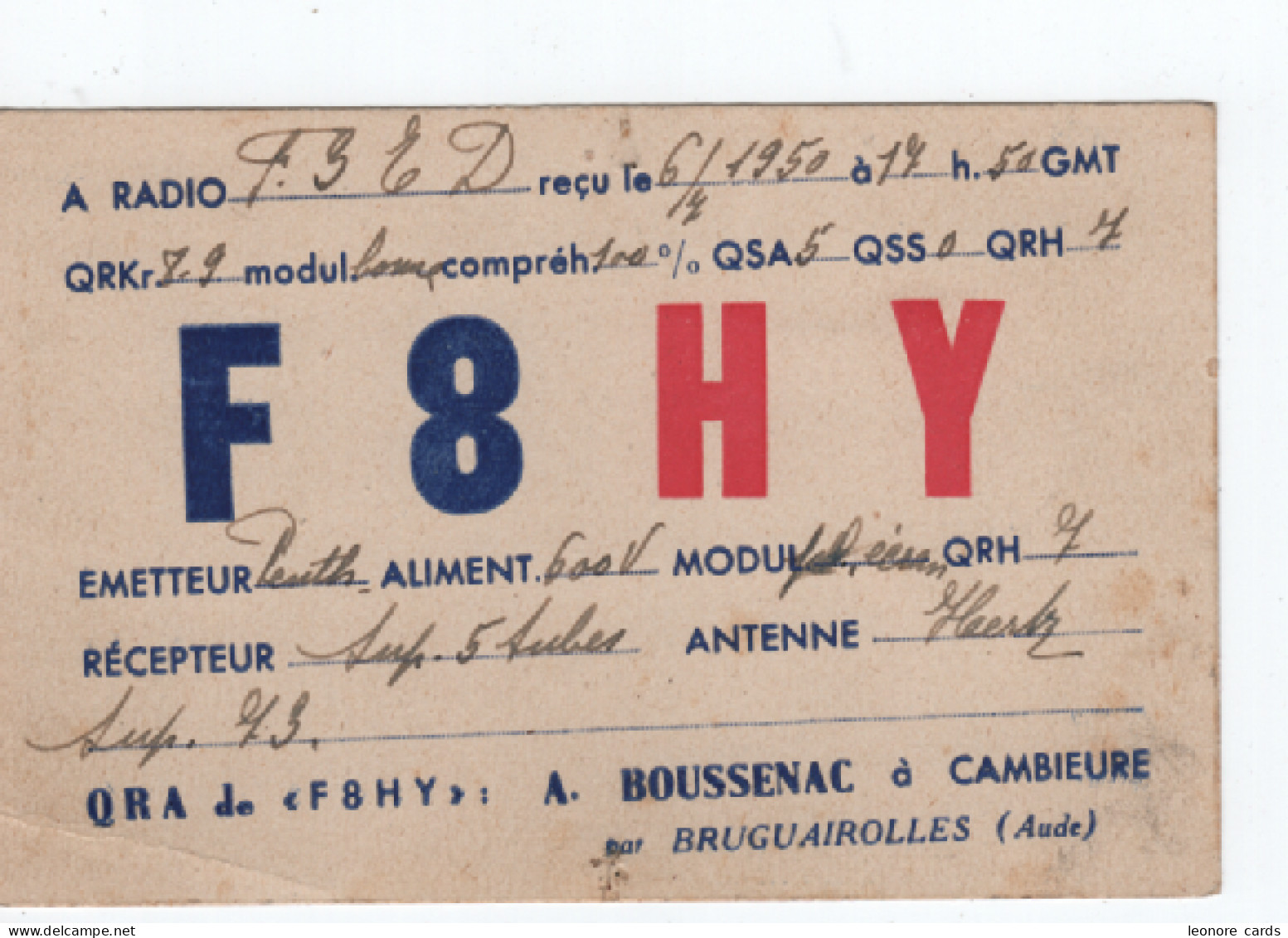 Cpa.carte QSL Radio Amateur.F8HY To F3TD.1950.A Boussenac Cambieure - Radio Amateur