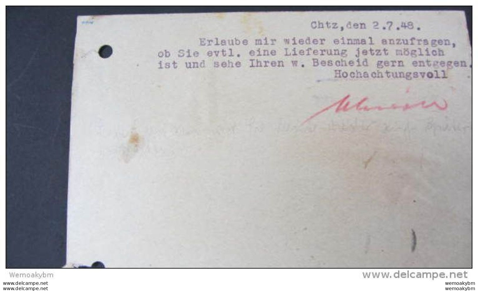 SBZ: Fern-Karte Mit 12 Pf Bez.-Handstempel Bezirk 41 MWSt. Chemnitz Vom 2.7.48 -geprüft: Rehfeld- Knr: 170 -41- - Lettres & Documents