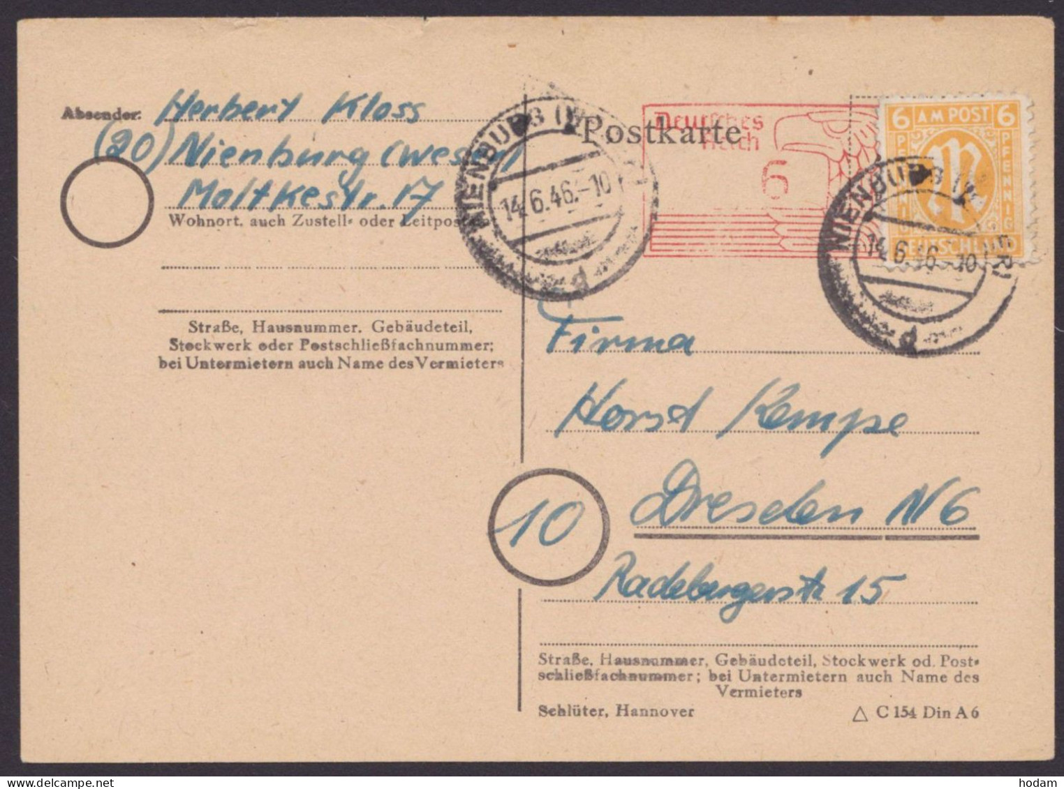 Nienburg; Karte Mit Absenderfreistempel Und Zusatzfrankatur, Bedarf, O, 14.6.46 - Cartas & Documentos