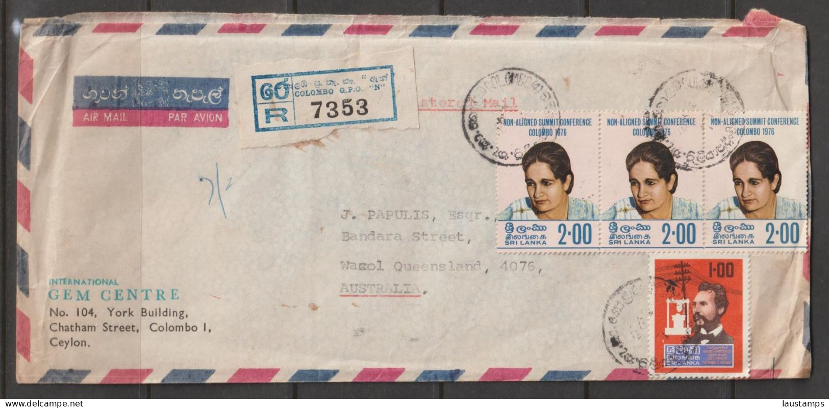 Sri Lanka 1977 Registered Airmail Cover To Australia - Sri Lanka (Ceilán) (1948-...)