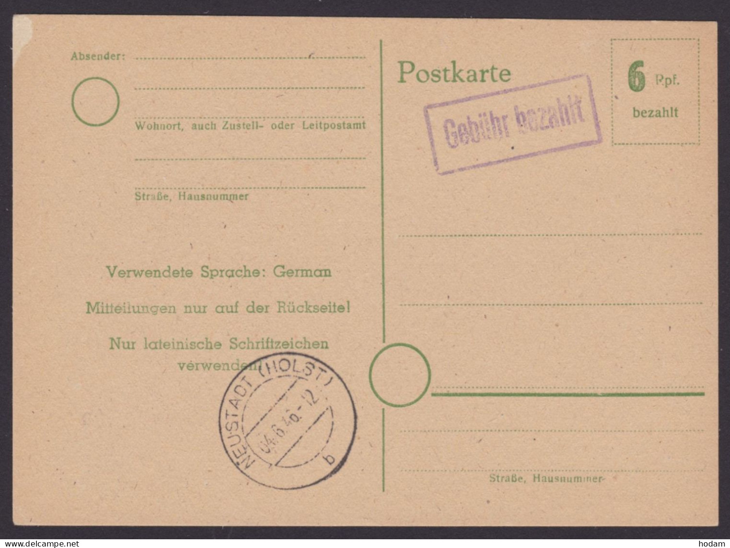 Neustadt/Holstein: P783, *, Ra "Gebühr Bezahlt", Gute Erhaltung - Cartas & Documentos