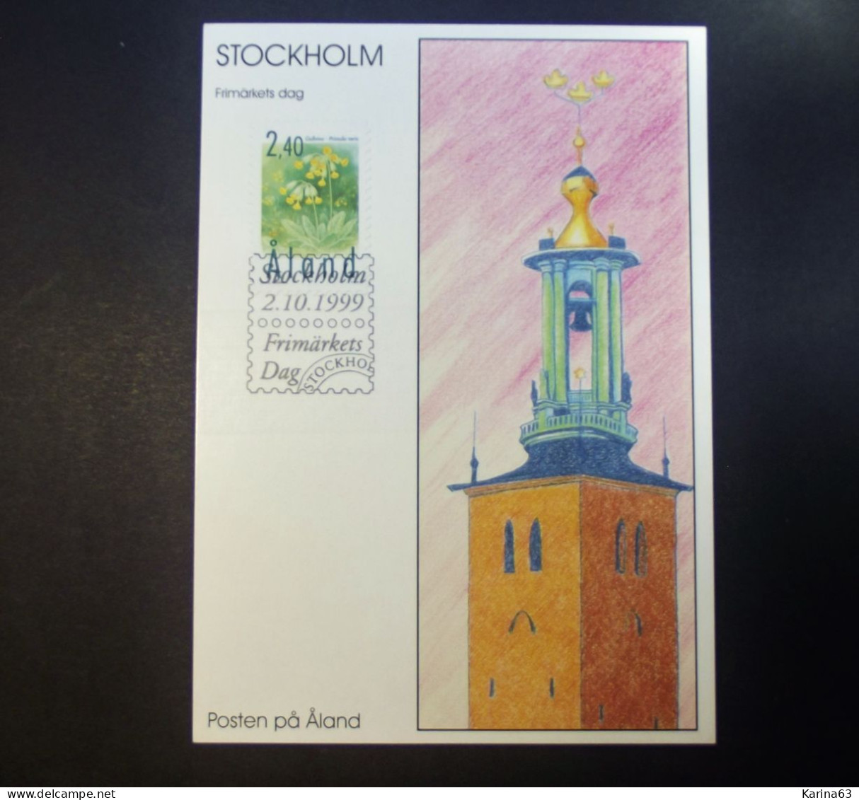 Aland - 1999 - Maxicard - Cowslip Flower - Primula Stamp Mi 156 - City Hall, Stockholm - Sweden - Aland