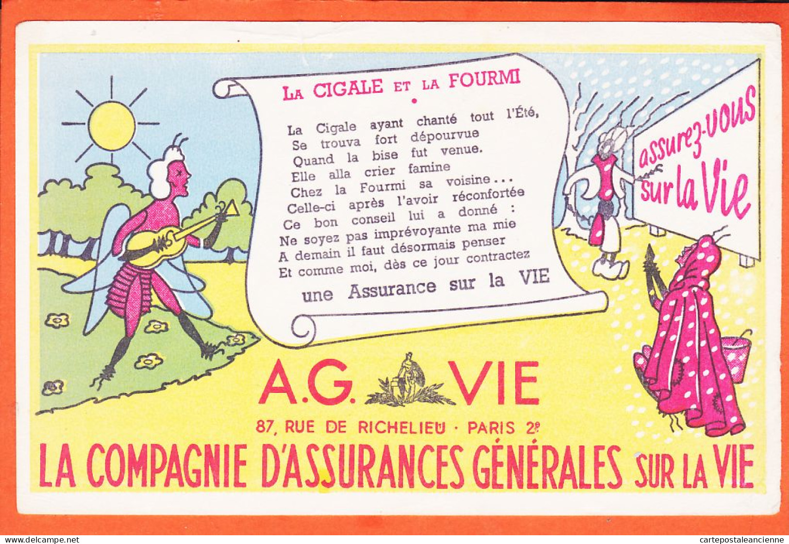 14833 / ⭐ PARIS II A.G VIE 87 Rue De RICHELIEU Compagnie Assurances Générales  Cigale Et Fourmi Buvard-Blotter - Bank & Versicherung