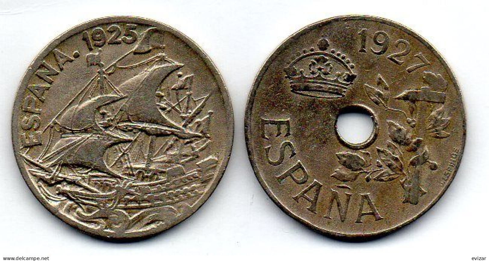 SPAIN, Set Of Two Coins 25 Centimes, Copper-Nickel, Year 1925, 1927, KM # 740, 742 - Andere & Zonder Classificatie